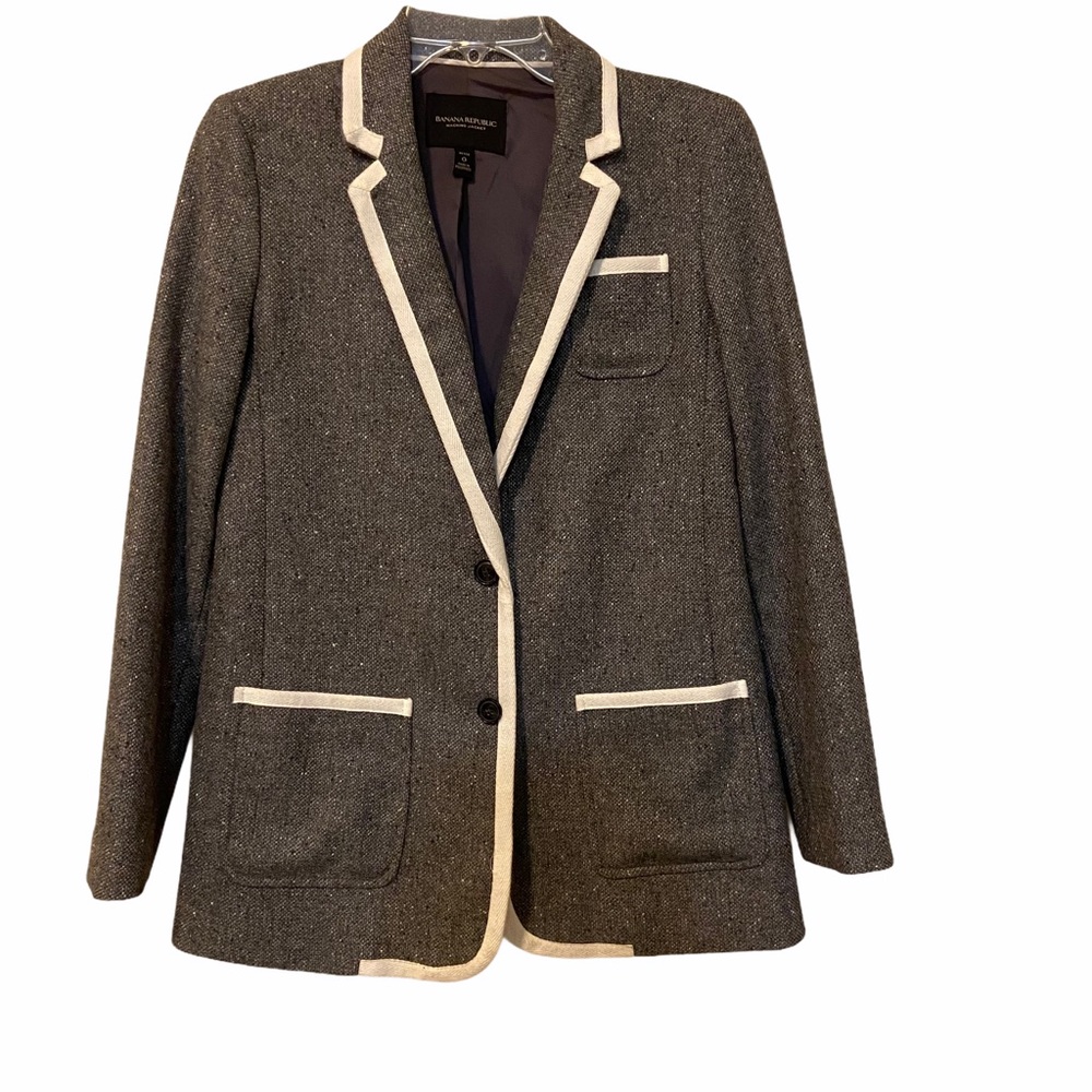 Banana Republic Gray Wool Blazer with White Piping